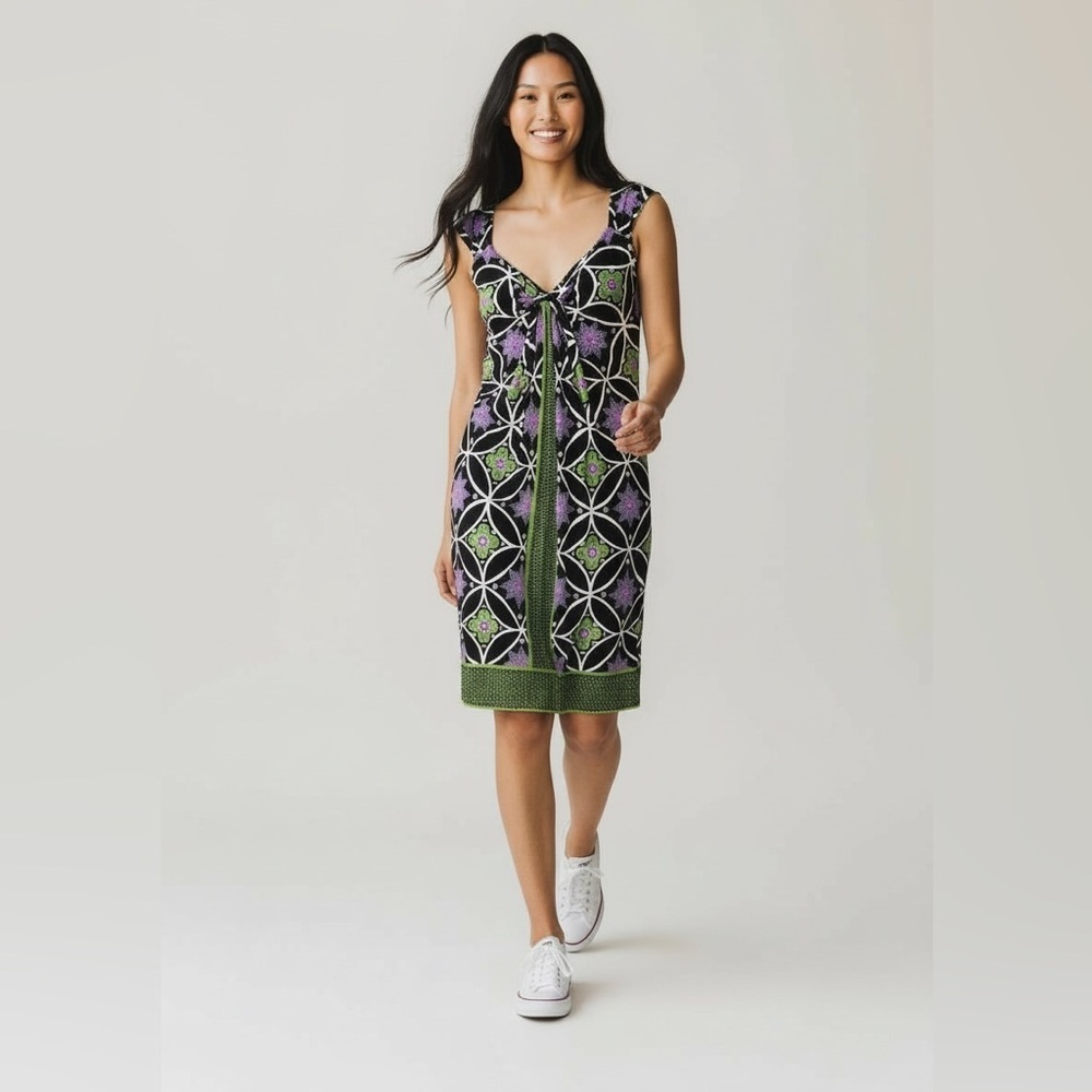 Maggy London summer dress, purple and green, jersey knit, lightweight